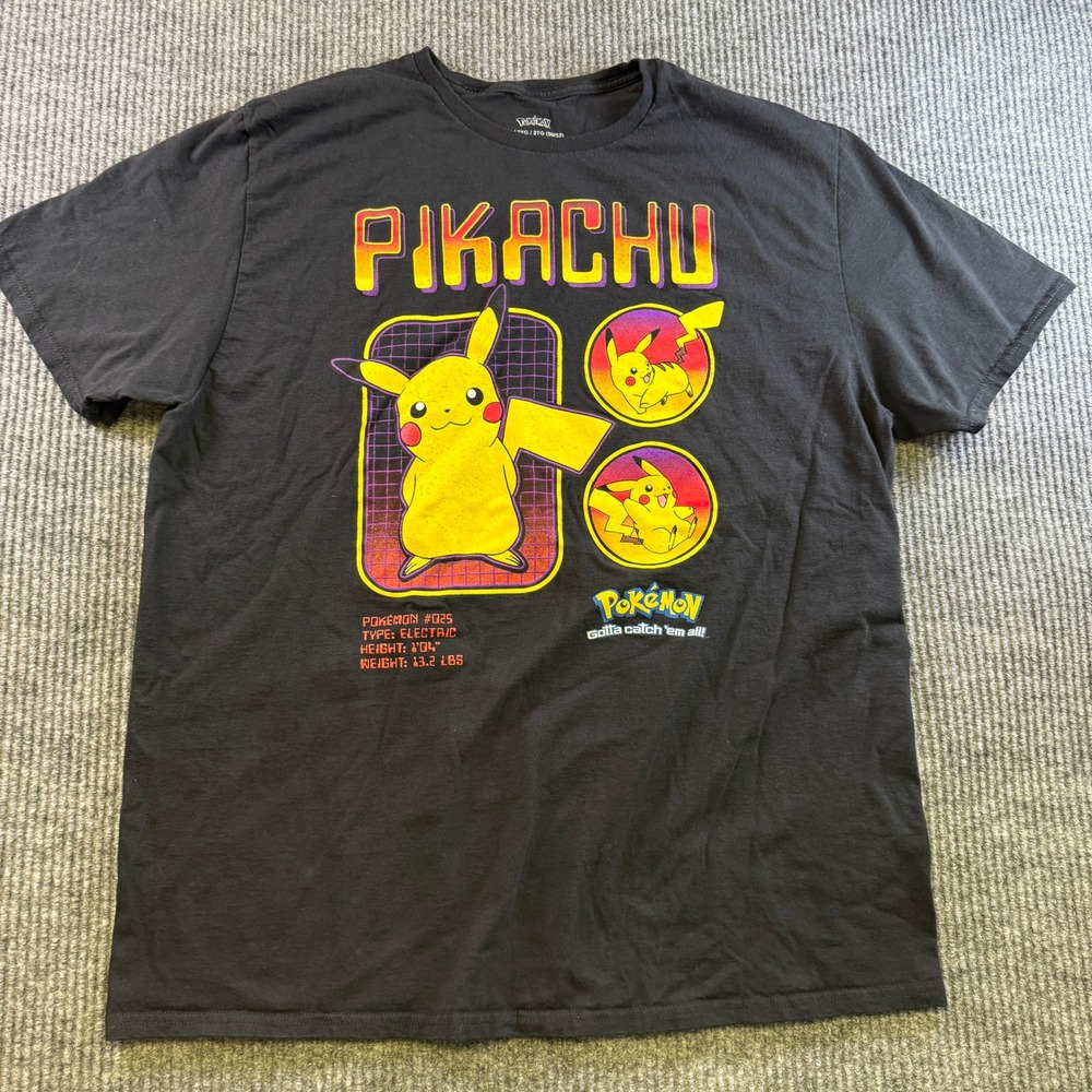 Pokemon Pikachu Men 2XL Graphic T-Shirt Black Cotton‎ Retro Pokedex Stat Tee